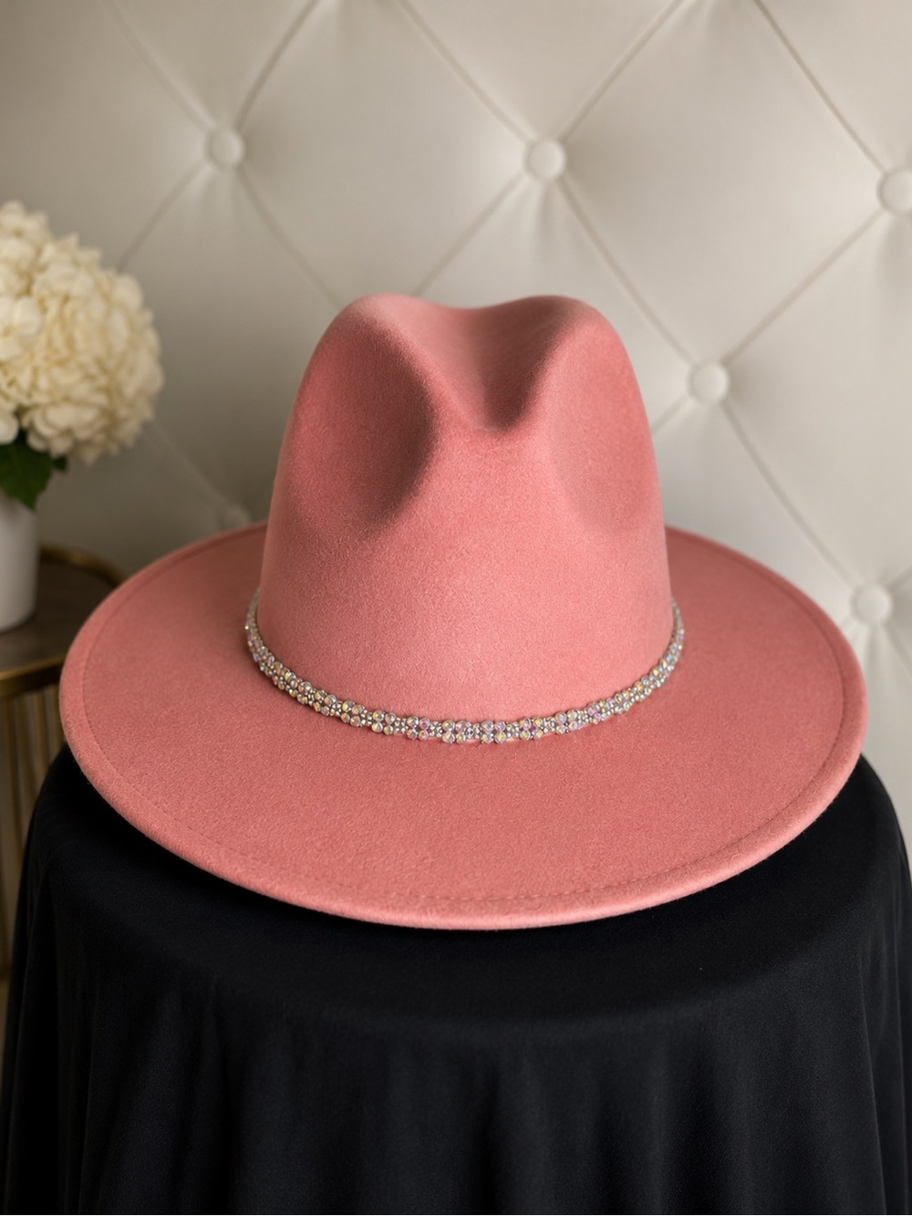 Women's Pink Felt Fedora with Crystal Trim